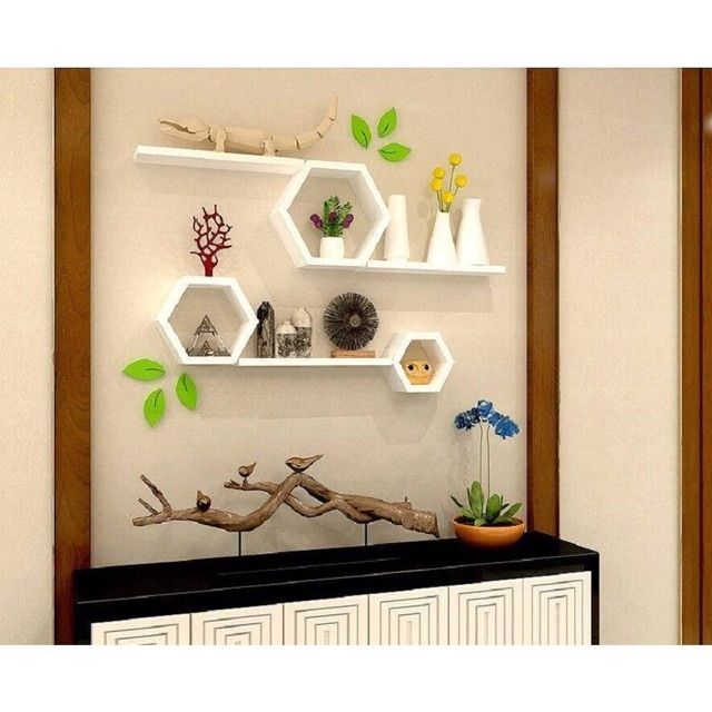 Kệ trang trí: Combo 3 lục giác cạnh 9-11-13cm + 3 thanh ngang 40x10cm + 6 lá