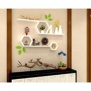 Kệ trang trí: Combo 3 lục giác cạnh 9-11-13cm + 3 thanh ngang 40x10cm + 6 lá
