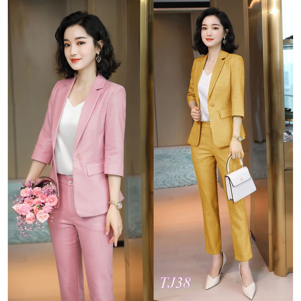 Set nguyên bộ áo vest tay lỡ quần dài chất liệu vải bố AT cao cấp
