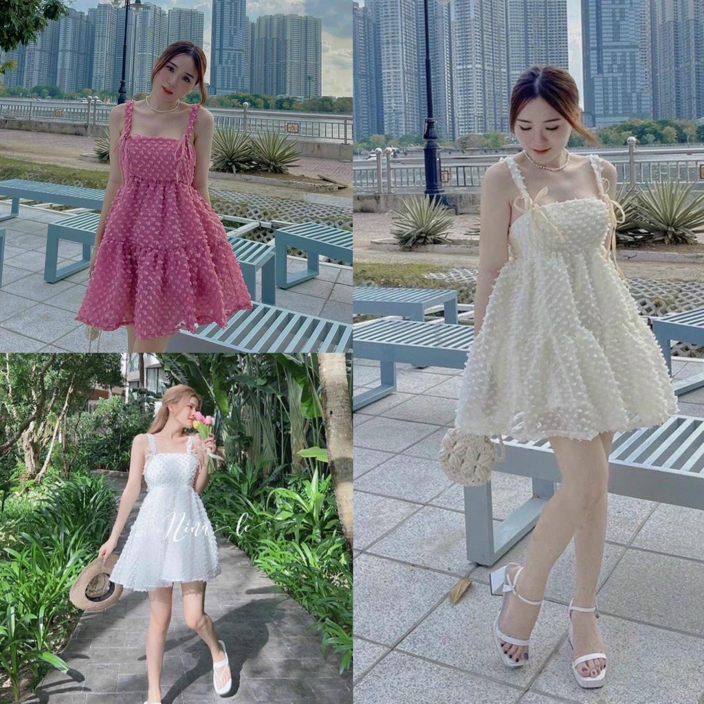 Đầm Váy Nữ 2 Dây Dáng Xoè Chất Xô Bông Hột Phối Nơ Lưng Tơ Gân ( Có Mút Ngực ) Thiết Kế Sang Chảnh Đi Tiệc, Đi Chơi