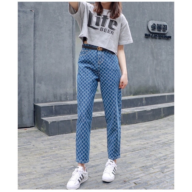 Quần jeans LV baggy nữ GU_BG ,HOẠ TIẾT THÊU, ống suông rộng style hàn quốc