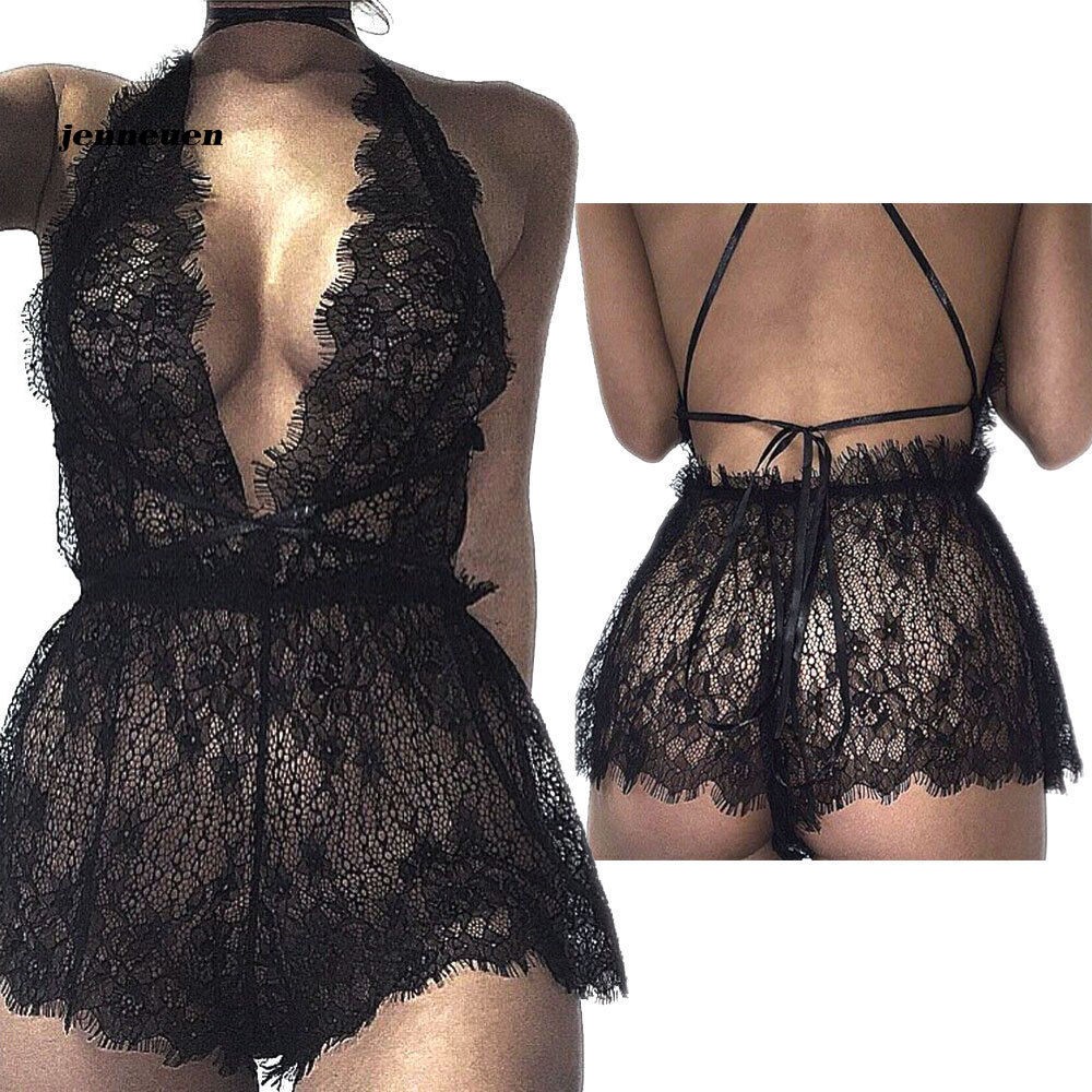 Set đầm ngủ + quần lót lọt khe xuyên thấu phối ren phong cách quyến rũ cho nữ
