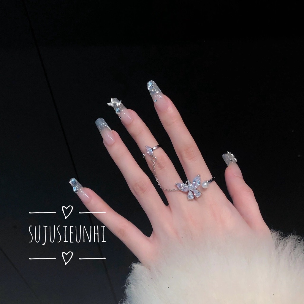 Set 2 nhẫn dây liền đính đá và ngọc nhân tạo hình bướm sang chảnh