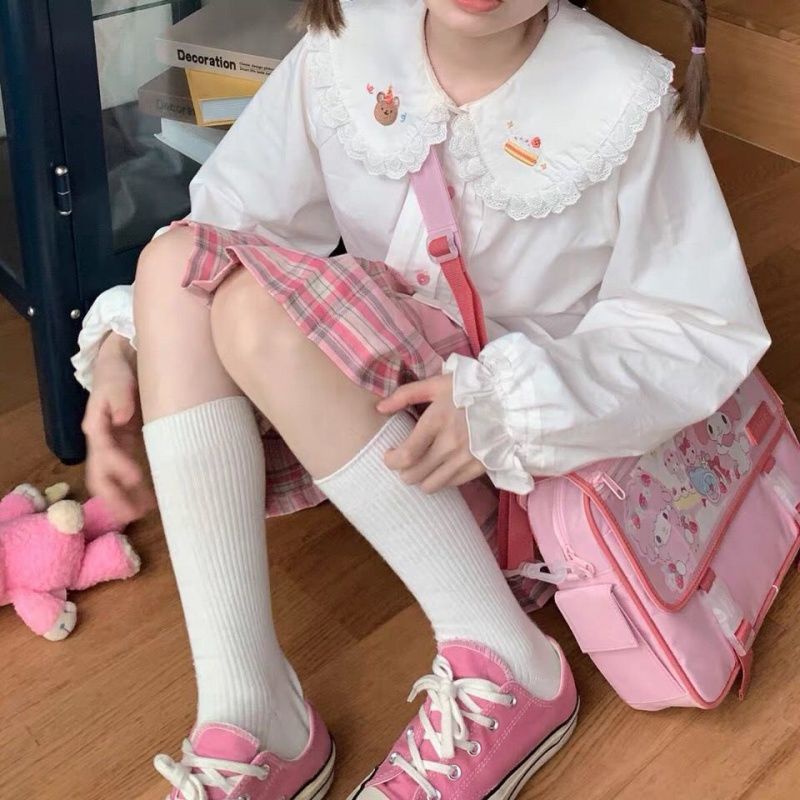 Women's Japanese Cute Bear Lace Doll Collar Shirt Student Korean Style Loose Long Sleeve Top