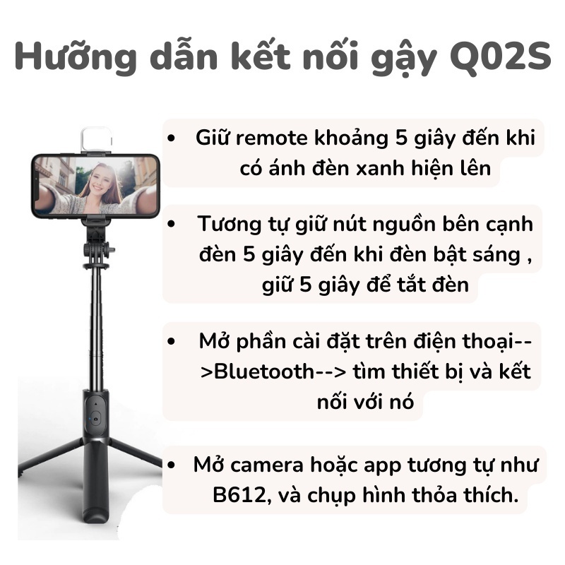 Gậy chụp ảnh Bluetooth Selfie có đèn LED Q02S kèm chân đế Tripod đa năng