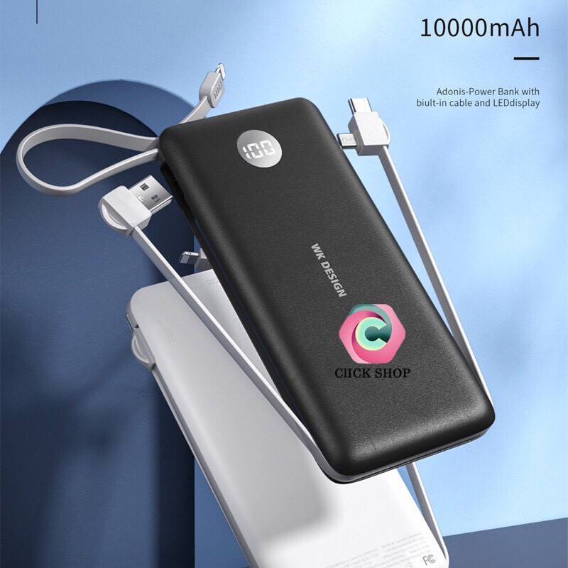 Pin sạc dự phòng WK ​​WP-153 10000mAh Tích hợp cáp 3 đầu IPhone/micro/Type C với màn hình LED Sạc nhanh .. !