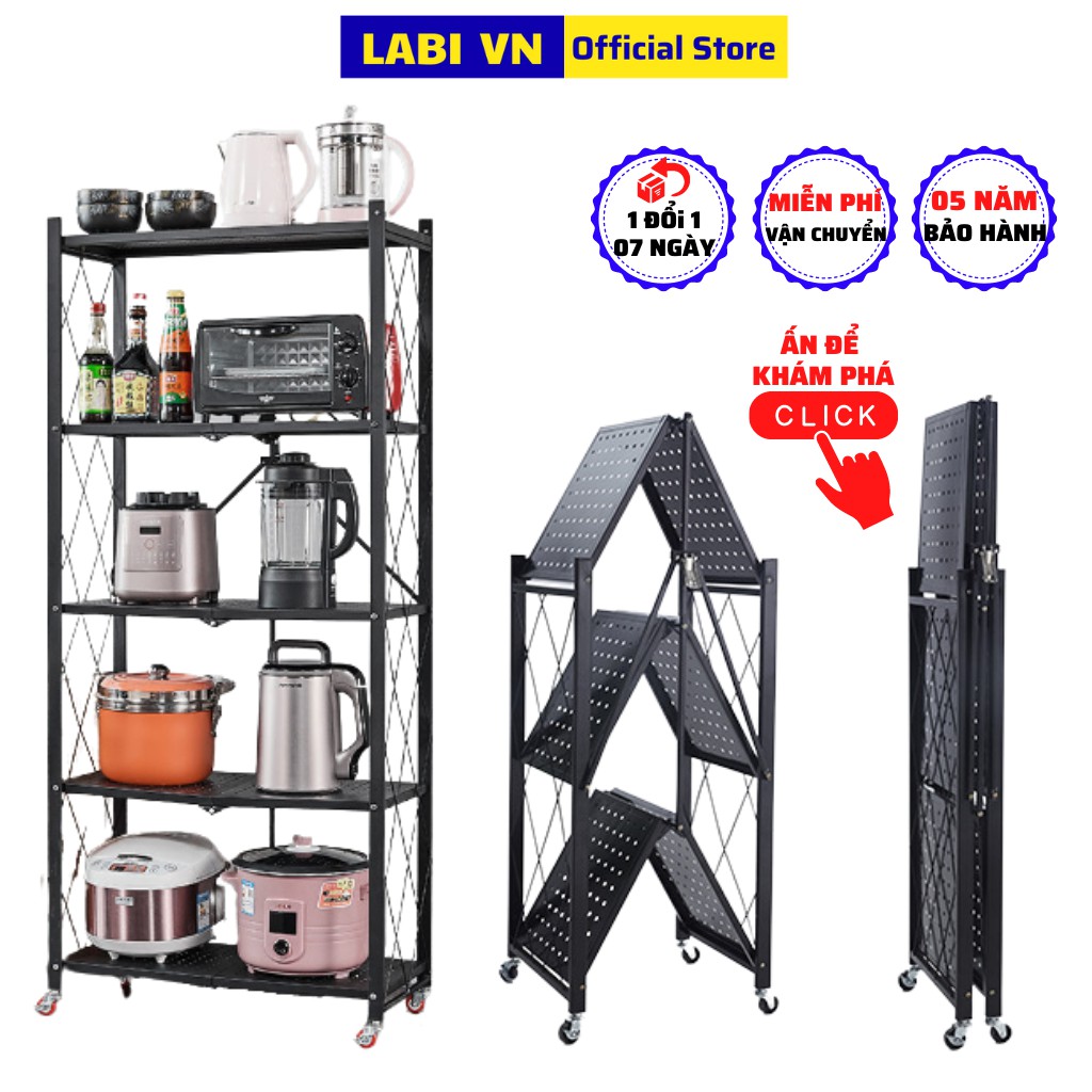 Kệ lò vi sóng thép carbon đa năng 3 4 5 tầng gấp gọn có bánh xe LABI VN LB070