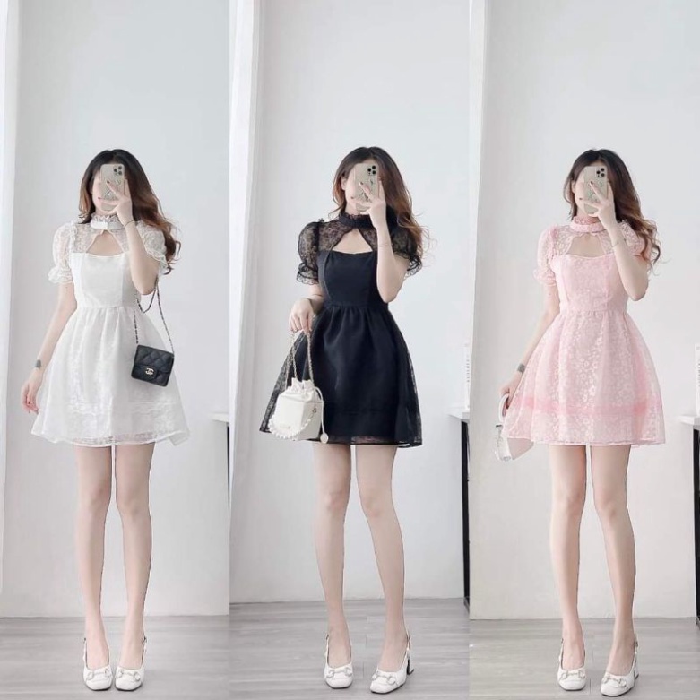 🔥40-65KG🔥 Đầm xoè đen trắng hồng cổ yếm bigsize 🔥 ren hoa lót lụa 🔥 cutout ngực đi biển dự tiệc cao cấp chiết eo cao cấ