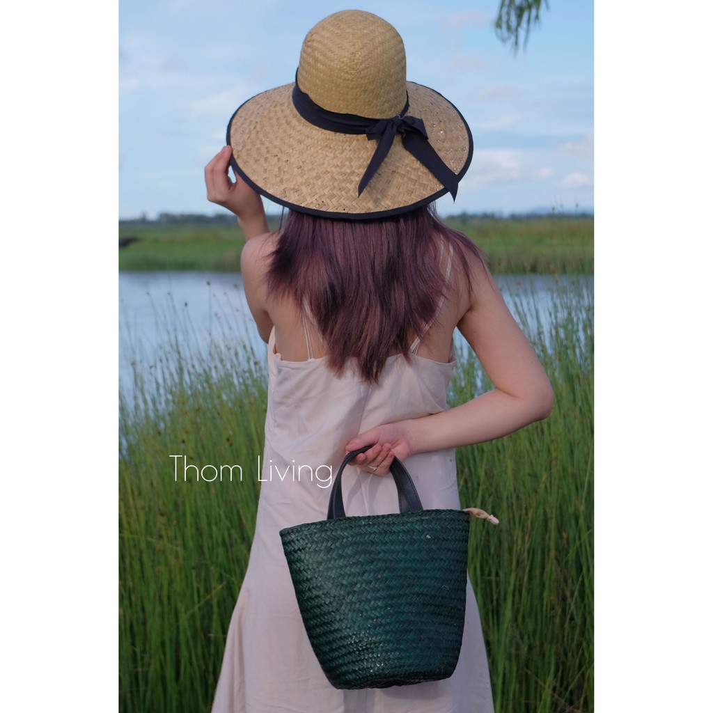 Giỏ xách cỏ bàng cầm tay cỏ bàng đáy đan tròn nhỏ gọn
