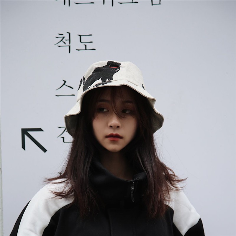 Nón Tai Bèo Vải Lanh Cotton Họa Tiết Mèo Dễ Thương Phong Cách Nhật Bản