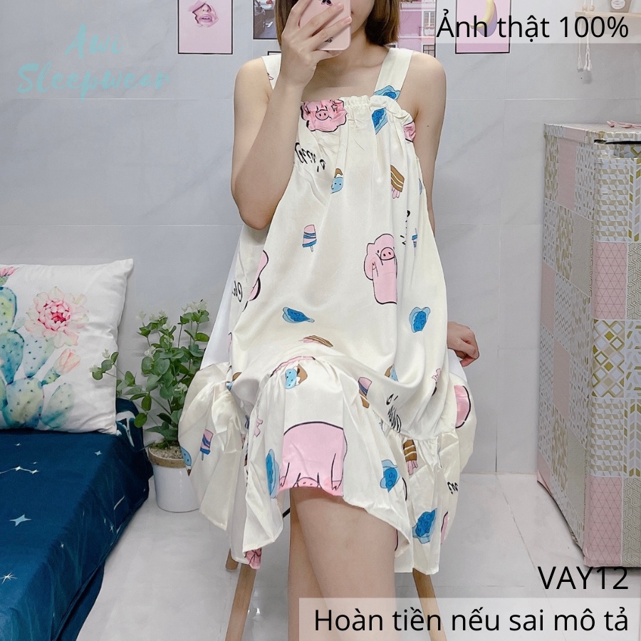 Váy Ngủ 2 Dây Hình Heo Dễ Thương Chất Satin Mát Lạnh - Awi Sleepwear