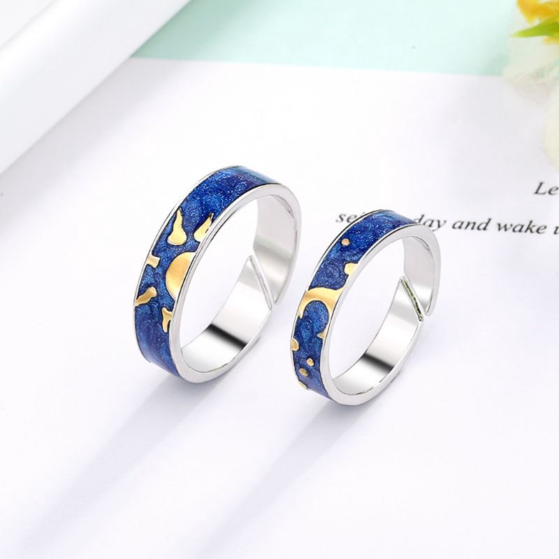 *2Pcs Van Gogh Blue Starry Sky Open Ring Star Moon Always Thinking You Lover Ring