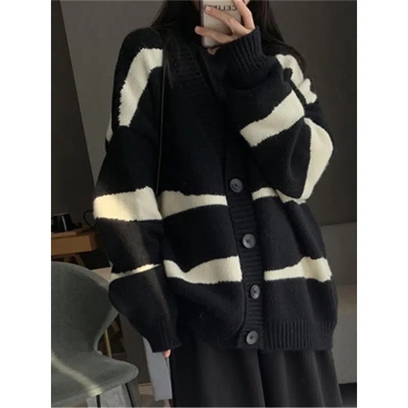 Áo Cardigan Nữ Màu Đen Xanh Kẻ Ngang Vằn To Dài Tay Cài Cúc, Áo Khoác Ngoài Thu Đông Dài Tay Loại 1 Hàn Quốc Đủ Size