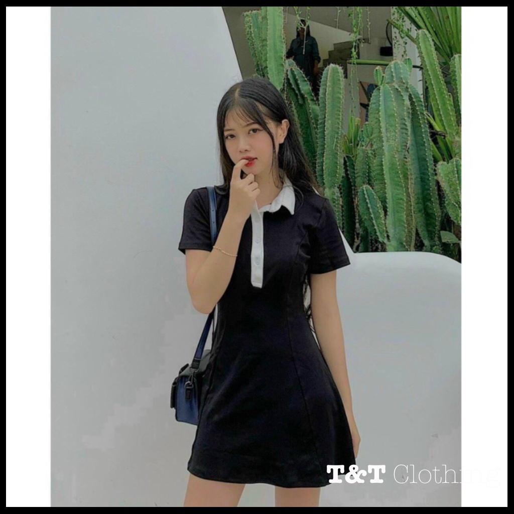 Đầm Polo Nữ Đen cổ trắng Dáng Ôm Váy Nữ Ngắn Body Ngắn | By 23t.shop | BigBuy360 - bigbuy360.vn