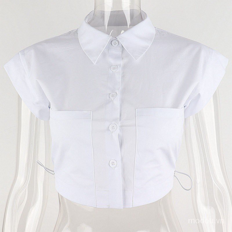 Áo sơ mi tay ngắn cổ polo phối dây rút đính nút thời trang cho nữ