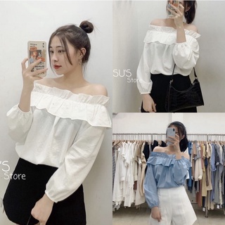 Áo trễ vai nhún bèo ngực dài tay chất đũi, Áo kiểu Hàn Quốc
