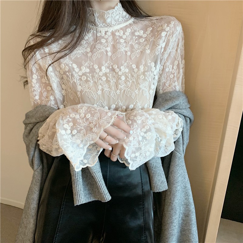 Áo ren voan nữ dài tay cổ cao họa tiết hoa lá style tiểu thư nhẹ nhàng sang trọng
