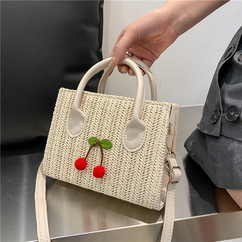 Túi Xách JASMIN NOIR Nữ Đan Rơm Đính Quả Cherry Dễ Thương