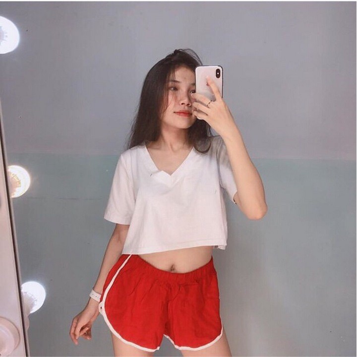 Áo thun croptop form rộng cổ tim TTS Ảnh thật