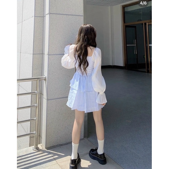 ĐẦM SỌC XANH ĐAN EO PHỐI TAY TRẮNG