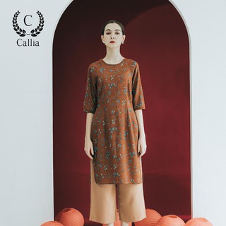 [Mã FASHIONMALLT4 giảm 15% đơn 150k] Áo dài cách tân nữ Callia tay lửng cổ tròn hoạ tiết hoa xanh (Nâu)