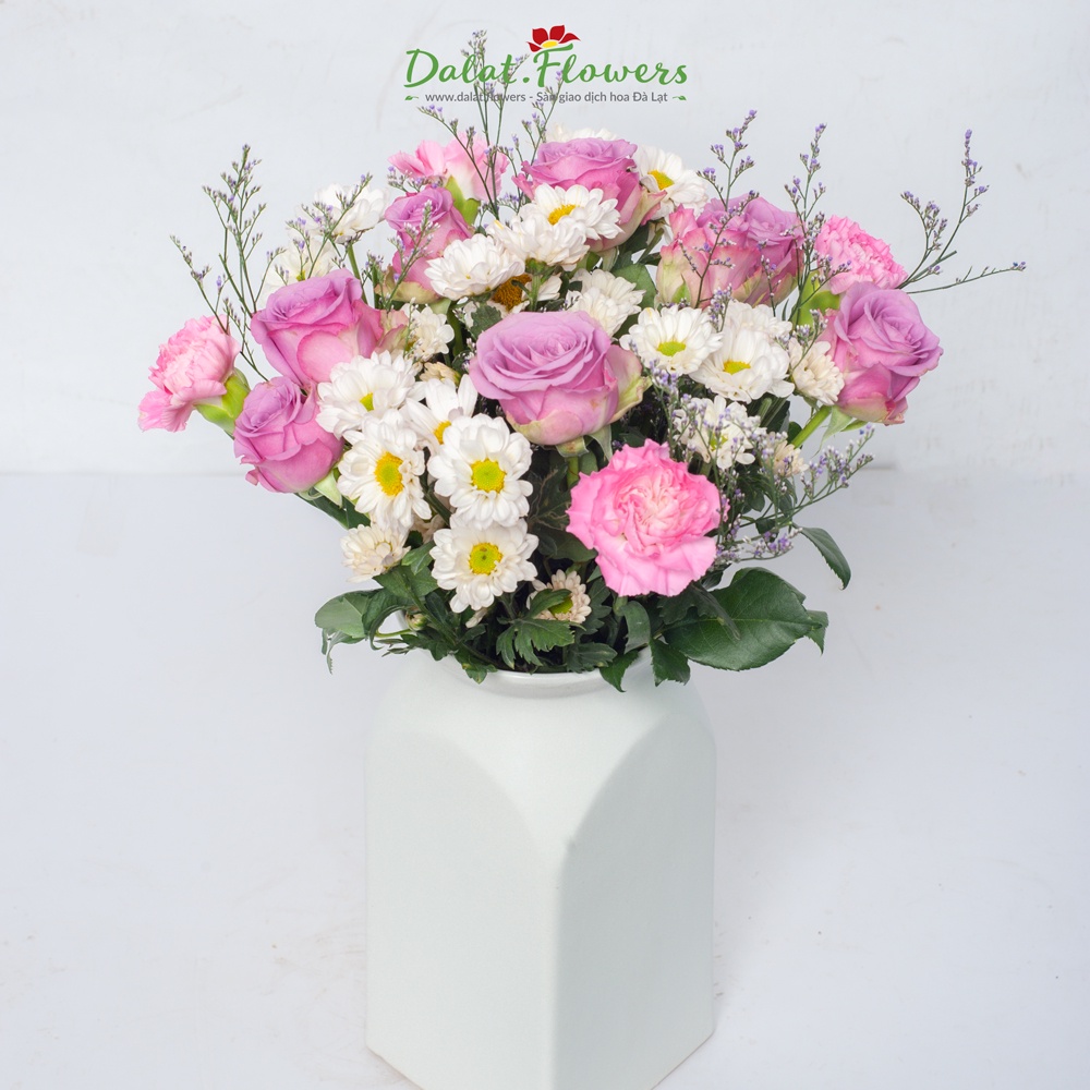 Bình gốm vuông đáy Dalat.flowers - Bình cắm hoa trang trí nhà cửa, văn phòng