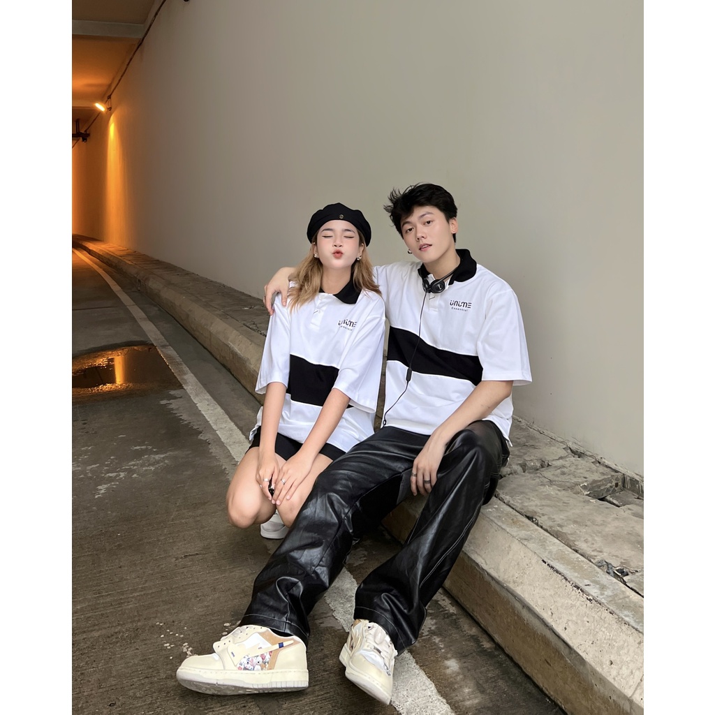 Áo polo trắng phối thân đen nam/nữ vải thun cá sấu 100% cotton