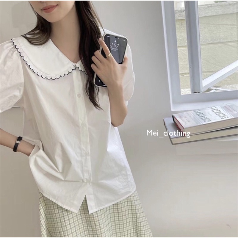 [Ảnh thật/video] Áo sơmi cộc tay cổ bèo viền cánh hoa nữ tính