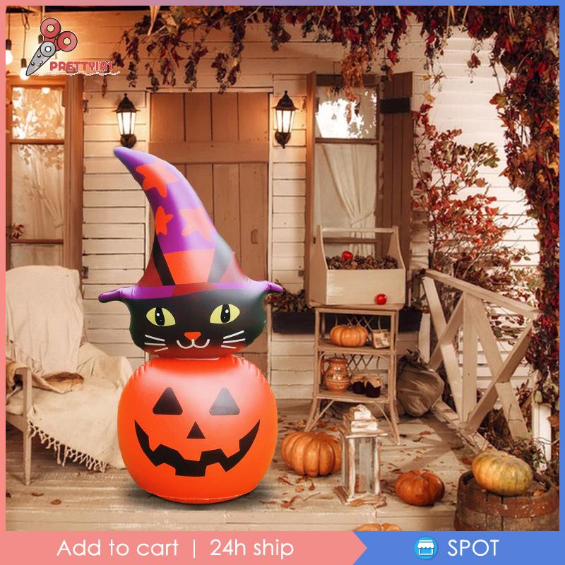 [Prettyia1] Bong Bóng Bơm Hơi Có Đèn Nhấp Nháy Hình Bí Ngô Mèo Trang Trí Halloween Cho Cỏ