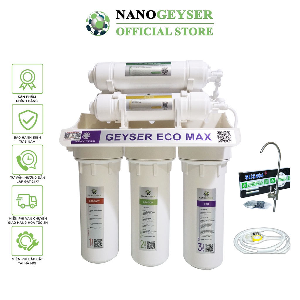 Máy lọc nước Nano Geyser ECO MAX, Công nghệ lọc và diệt khuẩn kép Nano + UF, Bảo hành điện tử 5 năm qua app chính hãng