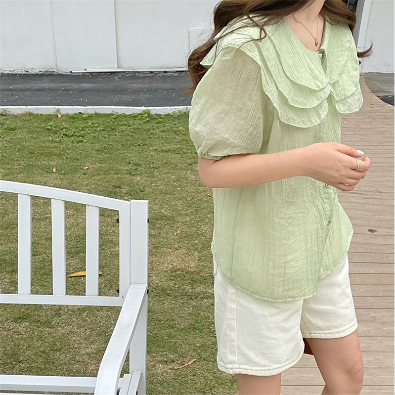 Summer sweet ruffled doll collar light green shirt Korean style loose short-sleeved top