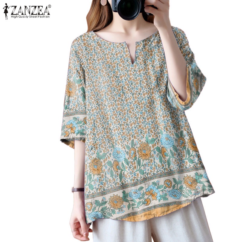 ZANZEA Áo Kiểu Cổ Tròn Tay Lỡ Họa Tiết Hoa Phong Cách Retro Dành Cho Nữ