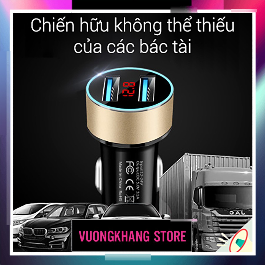 Tẩu sạc xe ô tô ⚡𝑭𝑹𝑬𝑬𝑺𝑯𝑰𝑷⚡ 2 cổng USB hiển thị thông số với màn hình led 3.1A cho Điện thoại di động