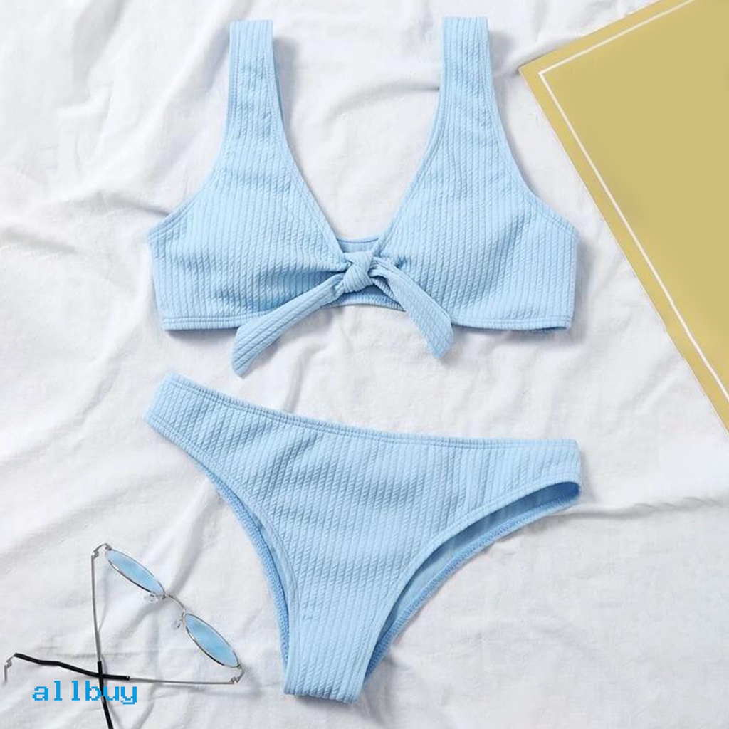 Bộ Đồ Bơi Bikini Hai Mảnh Trễ Vai Co Giãn Màu Trơn Đính Nơ Dành Cho Nữ