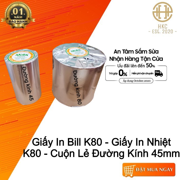 Giấy in nhiệt K80 K58(Pos,taxi) Giấy In Bill K80 - Giấy In Nhiệt K80 - Cuộn Lẻ Đường Kính 45mm