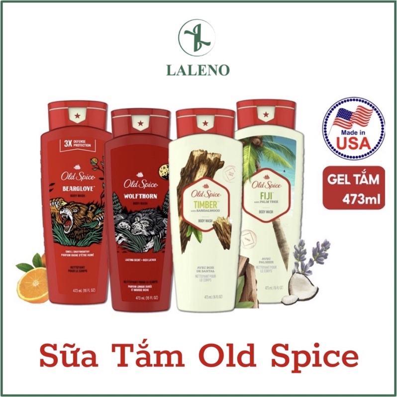 Sữa tắm nam Gel Old Spice 473ml Timber | Bearglove | Fiji | Wolfthorn | Pure Sport | Tắm gội 2in1 532ml - Mỹ