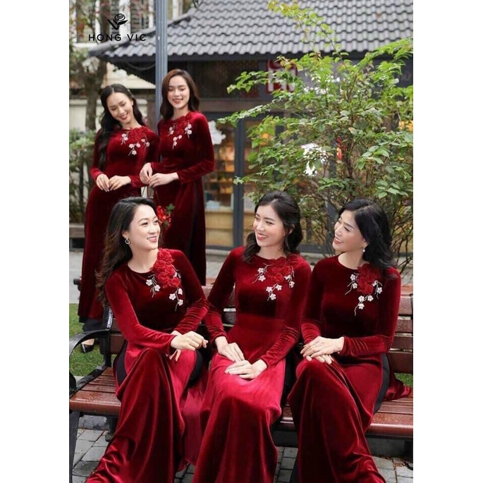 Áo Dài truyền thống Nhung màu Đỏ đính kết Hoa thiết kế cao cấp, Nhung lì cao cấp, co giãn, chuẩn phom dáng, đủ size.