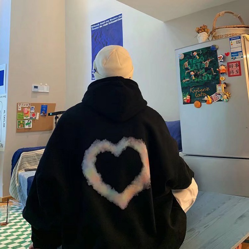 Áo Khoác Hoodie Lót Nhung Tay Dài Dáng Rộng In Hình Trái Tim Kiểu Mỹ Thời Trang Thu Đông Cho Cặp Đôi Plus Size M-8XL