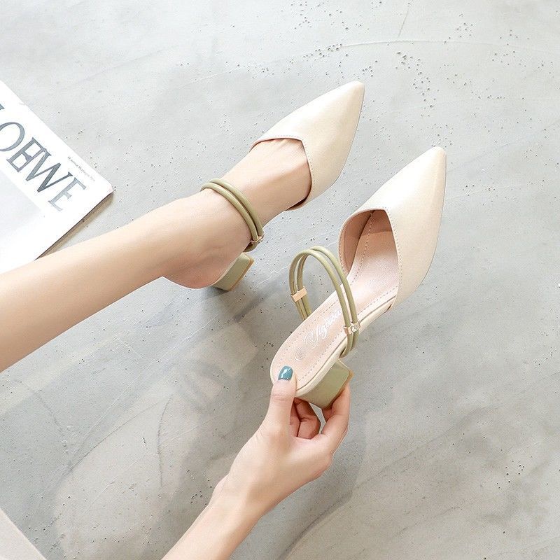 Giày sandal cao gót IELGY hở một nửa mũi nhọn gót dày hai cách mang đa năng phong cách Hàn Quốc dành cho nữ