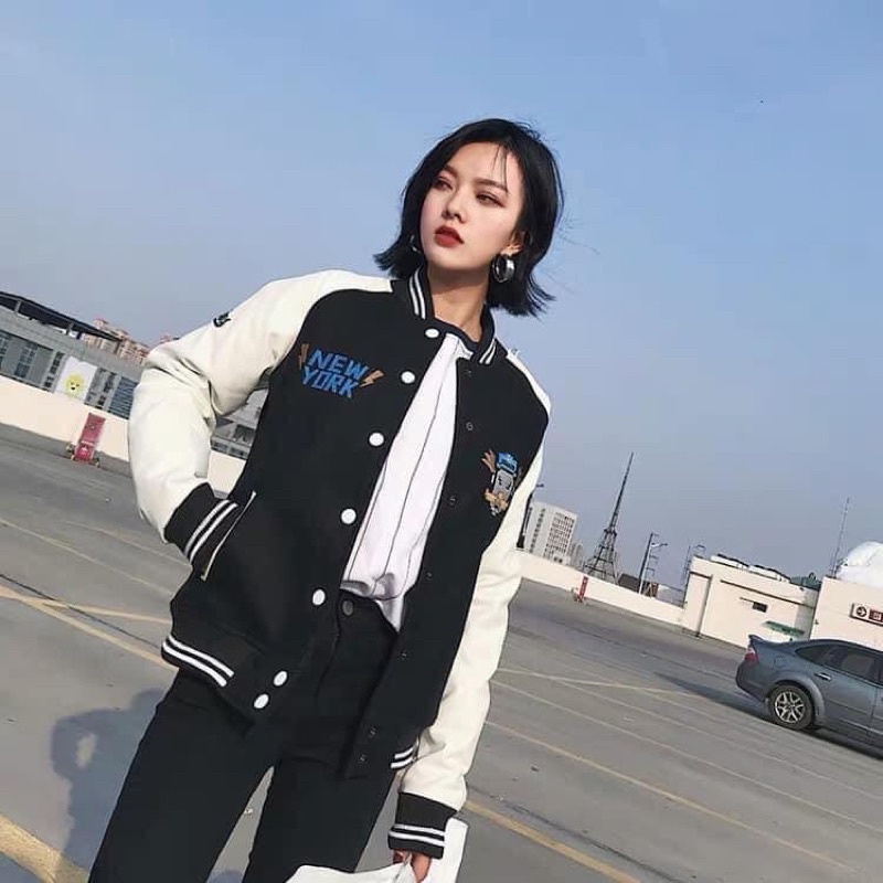 ÁO KHOÁC BÓNG CHÀY MLBNY MARIO TRẮNG ĐEN TAY DA -BOMBER VARSITY MLBNY JACKET - HÀNG CÓ SẴN