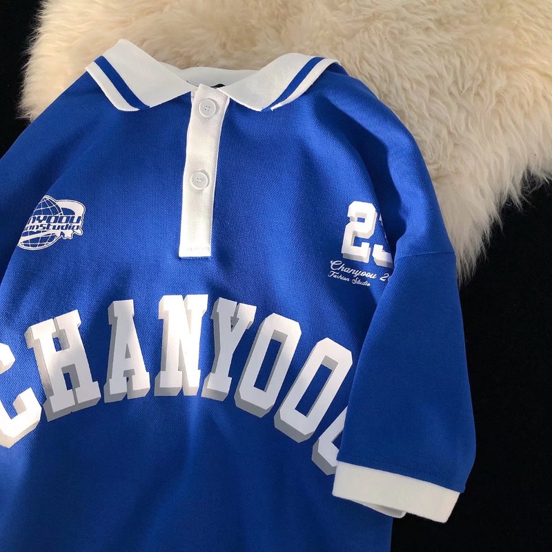 Áo polo Tay Ngắn Dáng Rộng Cổ Polo Màu Xanh Dương Phong Cách Retro Mỹ