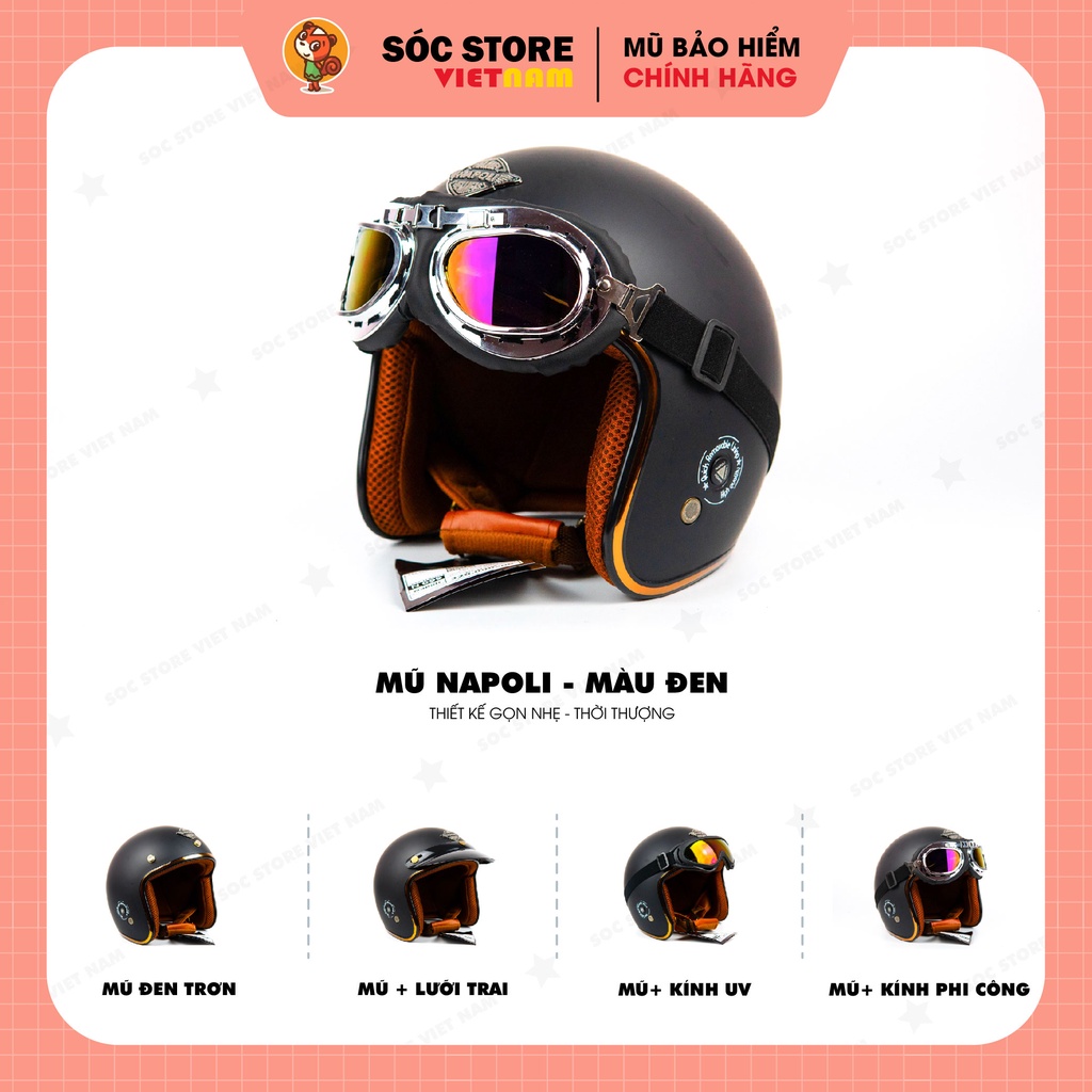 Mũ bảo hiểm 3 phần 4 NAPOLI chính hãng màu ĐEN, nón bảo hiểm 3 phần 4 nam nữ Sóc Store freesize