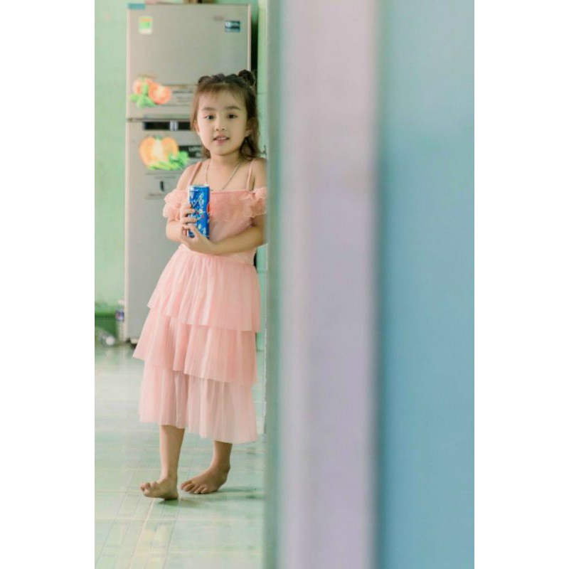 Đầm voan tầng bẹt vai cho bé gái điệu đà 10-35kg - 3 màu
