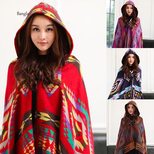 Bg BG BG Chất Lượng Cao✔Áo Choàng Poncho Có Nón Họa Tiết Hình Học Cho Nữ