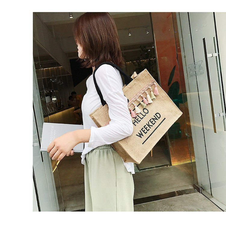 Túi Cói Đi BiểnGIADUNGTONGKHO1Túi Cói HELLO WEEKEND Mẫu Mới Siêu Hot, Túi Quai Xách Thiết Kế Theo Phong Cách Hàn Quốc