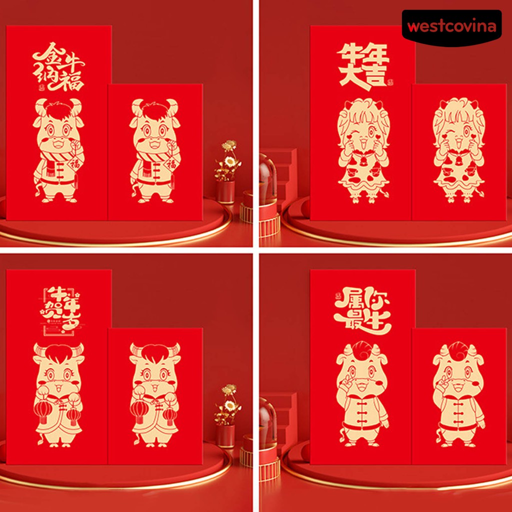 Set 6 bao lì xì đỏ in hình chú bò dễ thương cho năm mới 2021