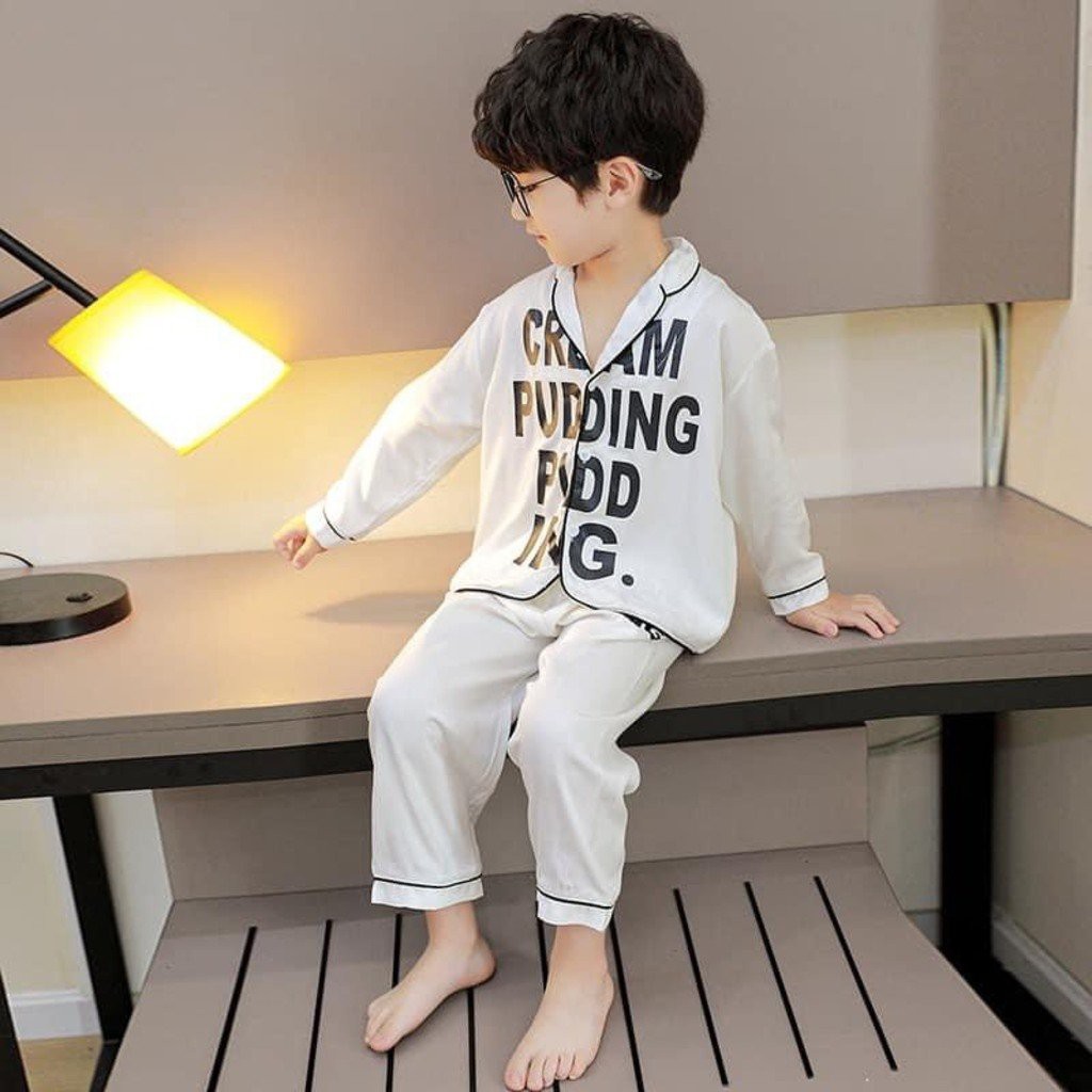 Bộ ngủ dài tay cho bé trai và bé gái , Bộ Pijama chất lụa in chữ dài tay cho bé từ 6 - 28kg