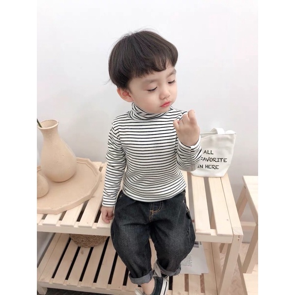 Áo Len Tăm Kẻ Trắng Đen Loại Dày Cao Cổ Giữ Nhiệt Cho Bé. Co Dãn Tốt