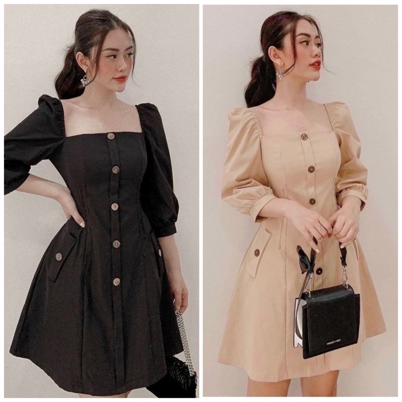Đầm váy freesize cổ vuông nút dừa tay lỡ 2 màu