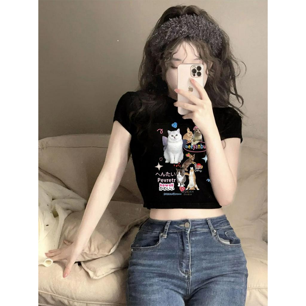 Xiaozhainv baby tee Áo Thun Croptop Tay Ngắn Dáng Ôm Vải Cotton In Họa Tiết Kiểu Vintage Thời Trang Mùa Hè Cho Nữ